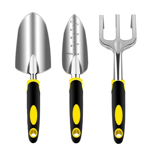 Garden Tool Set, 3 Piece Gardening Tools Includes Garden Trowel, Transplant Trowel and Hand Rake with Non-Slip Ergonomic Handle, Heavy Duty Garden Kit for Planting, Garden Gifts, Yellow - color: Yellow