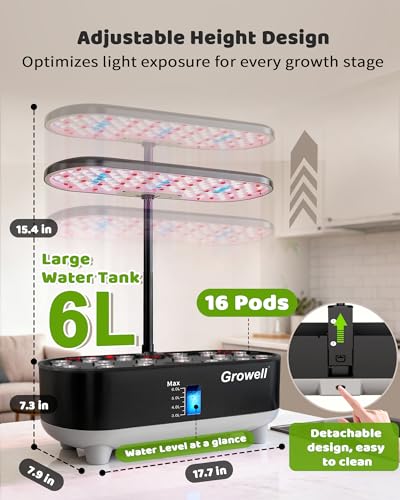 Growell 16 Pods Hydroponics Growing System Kit with 3 Light Modes & 2 Timer - color: Black