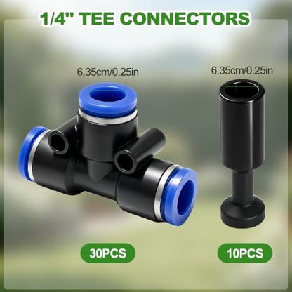 30 Pack 1/4" Drip Irrigation Tee Connectors with 10 End Caps, Quick Connect - size: 30PCS 1/4" Tee