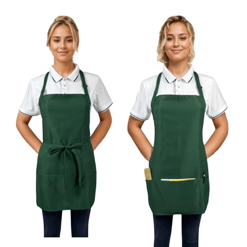 Adjustable Waterproof Aprons with 3 Pockets for Men Women, Server Apron for Kitchen Cooking Gardening Restaurant - color: Green, 2 Pack