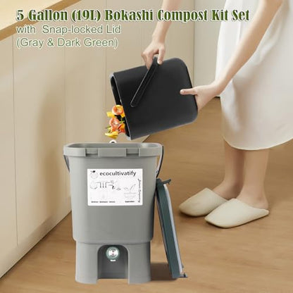 20L Bokashi Compost Bin, 5.28 Gallon Compost Bin for Kitchen Composter with Lid, Bokashi Start Kit with Bran (Tan & Dark Green) (18.8L/5 Gal Grey) - color: 18.8L/5 Gal Grey