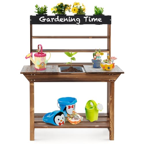 DORTALA Kids Potting Bench, Fir Wood Outdoor Mud Table with Removable Sink, 4 Pots, Chalkboard, Storage Shelves, Garden Kid Kitchen Playset, Mud Kitchen for Kids Outdoor - style: Potting Bench Style