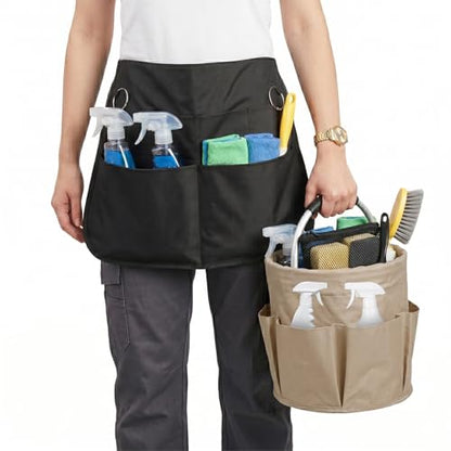Cleaning Apron, Cleaning Caddy & Household Cleaning Storage Organizer Set - color: Khaki+black
