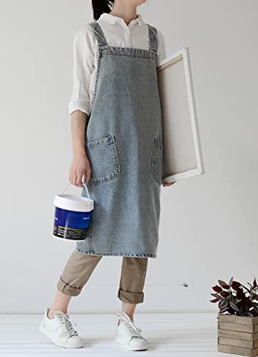 Denim Bib Apron for Women Men, Unisex Cross Back Aprons with Large Pockets - color: Style B - Light Blue