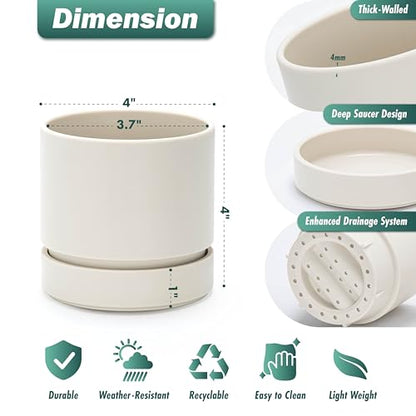 Phoenix Vine 4 Inch Planter Pot with Drainage Hole & Saucer, Deep Water Catch Tray, Straight Cylindrical Round Pot for Plants, Oatmeal, Pack of 6, 23-E-R-6 - color: Oatmeal, size: 4" (6 Pack)