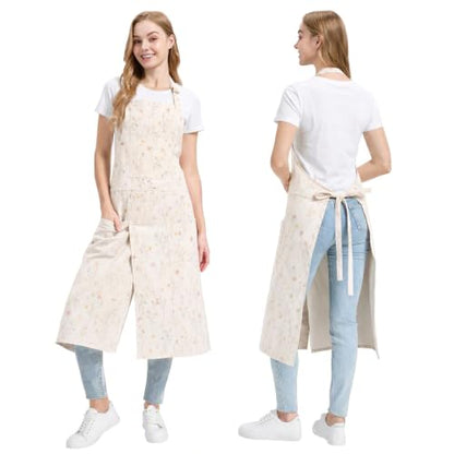Molaxhome Split Pottery Apron with 3 Pockets Unisex with Adjustable Strap - color: Beigeflower
