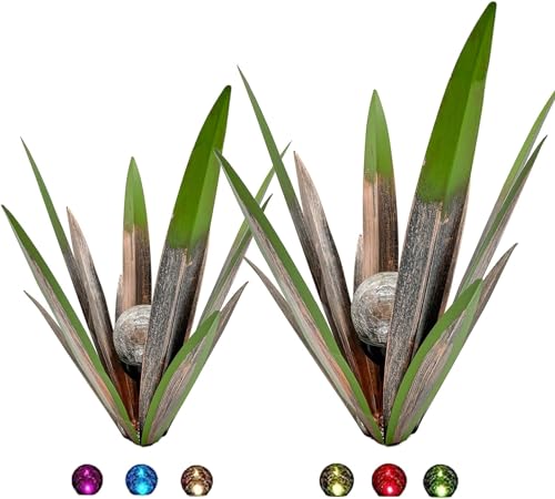 Metal Agave Plant Garden Art, 2 Pack Big Tequila Rustic Sculpture, Rustic Metal Agave Plants Lawn Home Ornaments, for Yard Stakes, Garden Figurines, Outdoor Patio (2 PCS Green with Light) - color: 2 Pcs Green With Light