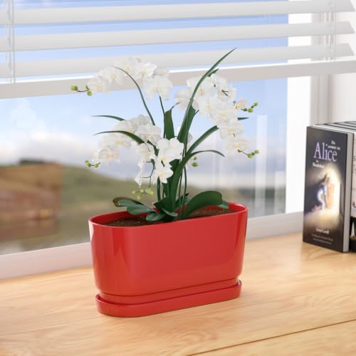 13" Rectangular Ceramic Planter with Drainage and Saucer, Red - color: Red, size: Large