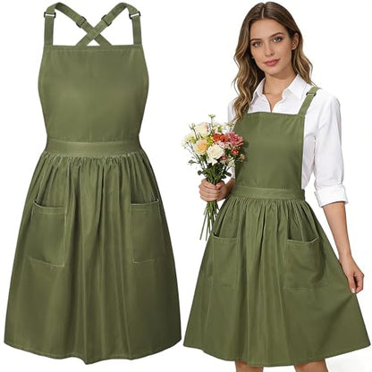Cross Back Pinafore Apron Dress for Women, Olive Green Garden Apron