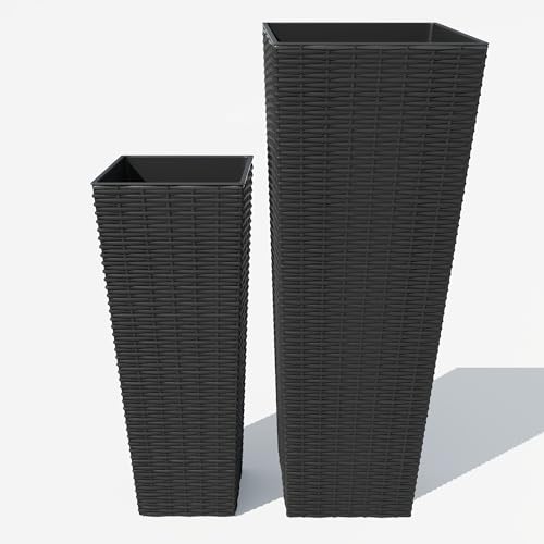 Set of 2 Tall Planters for Outdoor Plants, Large Outdoor Planters for Porch, Plant Pots for Trees Flowers, All-Weather Use with Drainage Holes for Indoor, Porch, Patio, Backyard, (24" & 32"), Black