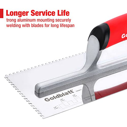 Goldblatt 2-Piece Notch Trowel Set, 1/8"X1/8" Square & 1/4"X1/4" Square, Made of Premium Stainless Steel with Soft Grip Handle, Perfect for Masonry Tile Work