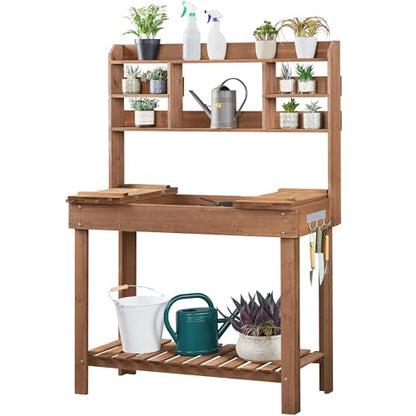 Yaheetech Outdoor Potting Bench, Sink, Display Rack & Storage Shelf,Brown