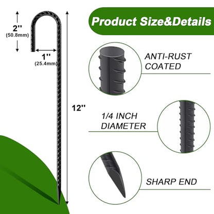 AAGUT Rebar Stakes 12 Inch J Hook, Premium Anti-Rust Tent Stakes for Canopy - color: Black J-12 Inch-Φ1/4", size: 32pcs