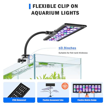 AQQA Clip On Aquarium Light, 24/7 & DIY Mode Full Spectrum Fish Tank Light
