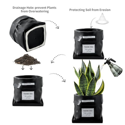 Nihow 6 Inch Ceramic Plant Pot with Drainage & Square Saucer,Black - color: Black, size: 6 Inch