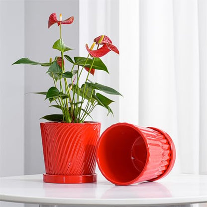 6 Inch Flower Pots for Plants, Ceramic Planter with Drainage and Saucer - color: Red