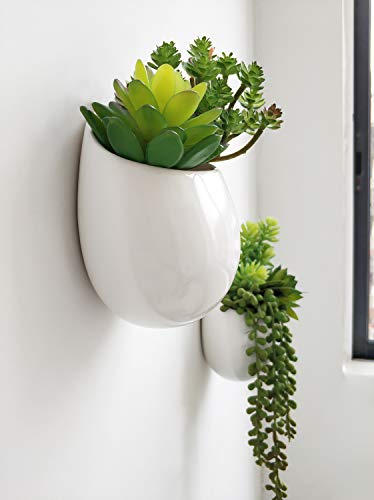 Mkono Wall Planter Ceramic Hanging Pot with Artificial Fake Plants, 3 Pack