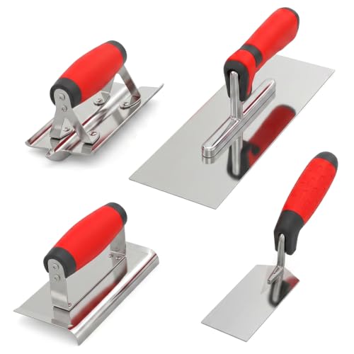 Concrete Tools Set 4 Piece Stainless Steel Flat Finishing Trowel, Concrete Edger and Groover, Pool Trowel, Margin Trowels for Masonry Stucco Cement Kit