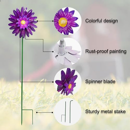 Metal Flower Wind Spinner Garden Stake Yard Art, Lawn Windmill Ornaments - color: Pink