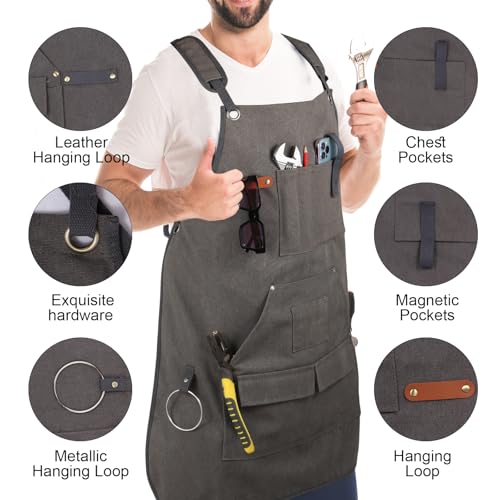 Unisex Woodworking Work Apron, 16oz Multi-Pocket Canvas Apron - color: Grey