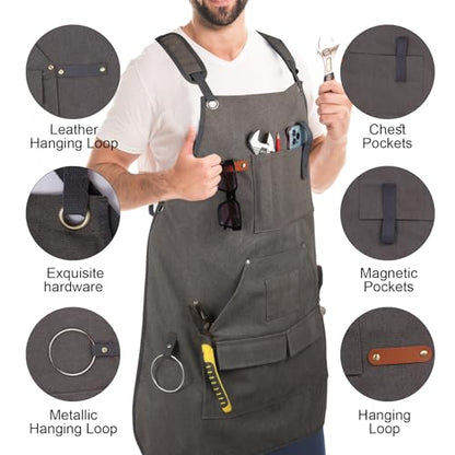 Unisex Woodworking Work Apron, 16oz Multi-Pocket Canvas Apron - color: Grey