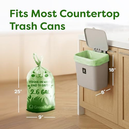 2.6 Gallon Compostable Trash Bags (100 Count) — Thick 0.7 Mil Small Compost Bin Liners — Leak-Resistant Plant-Based Food Scrap Bags for Countertop Kitchen Compost Pails — ASTM D6400 BPI Certified - style: 2.6 Gallon | Handle-Tie | 100-pack