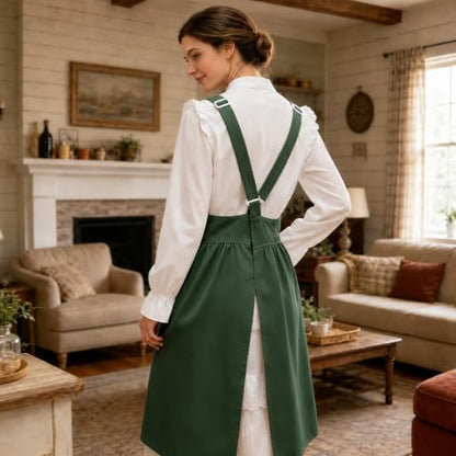 Cotton Linen Apron Cross Back Apron for Women with Pockets Pinafore Dress - color: Green