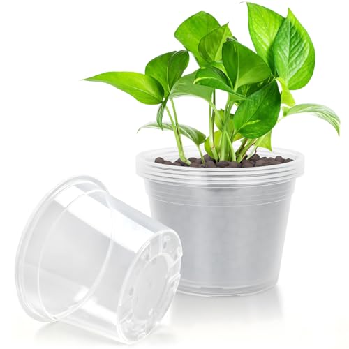 10 Inch Large Clear Nursery Pots with Drainage, 5 Pack Plastic Pots for Plants, Clear Plant Seedling Pots for Indoor & Outdoor Gardening (10 inch) - size: 10 inch