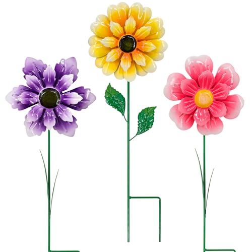 3pcs 18inch Metal Flower Decorative Garden Stakes & Wind Spinner for Outdoor, Colorful Yard Art Garden Decorations for Outside Lawn Porch Pathway Patio.