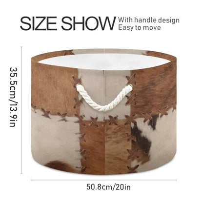 Brown Cow Fur Print Round Storage Basket Collapsible with Handle - color: Brown white