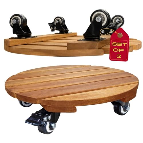 IDZO 2pack 12inches Wood Plant Caddy with Wheels Heavy Duty, 264 Lbs Capacity, Acacia Hardwood Plant Dolly, Plant Stand with 360° Lockable Wheels for Plant Pots, Heavy Objects Hauling - Natural Wood - color: Golden Teak, size: 12 Inch