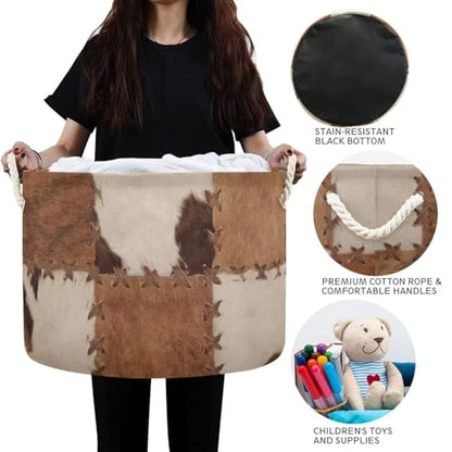 Brown Cow Fur Print Round Storage Basket Collapsible with Handle - color: Brown white