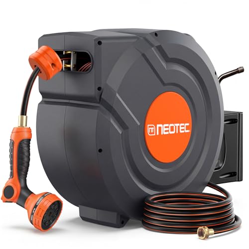 Upgraded Retractable Garden Hose Reel 1/2 inch x 155 ft 9 Pattern Nozzle Heavy Duty Metal Bracket Wall-Mounted Any Length Lock Automatic Slow Return 180° Swivel UV Resistant Hose Reels for Outside