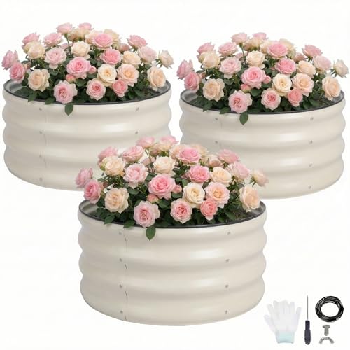 3Pcs Round Galvanized Raised Garden Bed 2x1 FT Metal Planter Box,White - color: White, size: 2x2x1FT(3Packs)