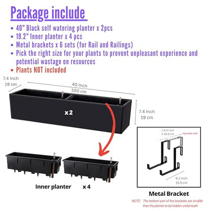 LaLaGreen Rail Planter Boxes for Outdoor (2 Pack, 40") Hanging Flower Pots with Bracket, Black Rectangular Self Watering System Deck Railing Herb Planters Outdoor Plants Container Rail Balcony Fence - color: 40" X 2 (Black)