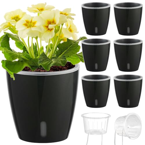 Self Watering Pots for Indoor Plants, 6-Pack 5'' Self Watering Planter with Drainage Holes, Small African Violet Pots with Water Indicator, Clear Wick Orchid Pot, Black - color: Black/6 Pack, size: 5"