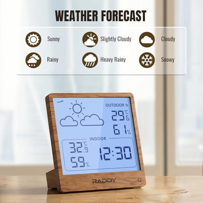 Raddy WF-50T Wireless Weather Station, Dark Wood Frame - color: Dark Wood