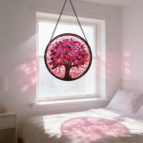 Pink Love Tree Stained Glass Window Hanging Suncatcher Gift for Women 6.3" - color: Green, size: 6.3x6.3 IN
