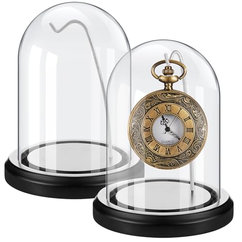 Beeveer 2 Pcs Glass Pocket Watch Display Dome 3'' x 5'' with Black Base - color: Silver Hook, size: 3" x 5", style: Dome Style