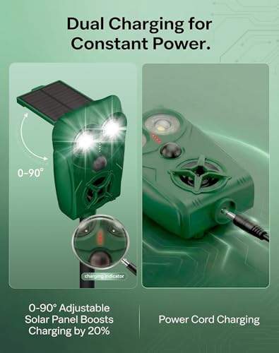 2 Pack Solar Ultrasonic Animal Repeller with Motion Sensor, Deer Repellent Devices with LED Light, Waterproof Cat Repellent Outdoor