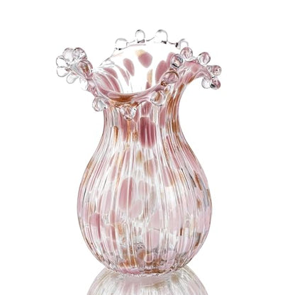 QFkris Hand Blown Glass Vase, Modern Art Flower Vase with Pink Petal Decor - color: Pink Bubble