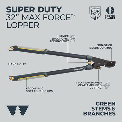 Woodland Tools Super Duty Lopper, 32 Inch Geared Bypass Branch Cutter with Soft Grip Handles, Manual Tree Limb Cutter for Thick Branches, Heavy Yard Work, and Seasonal Pruning - style: Super Duty Lopper