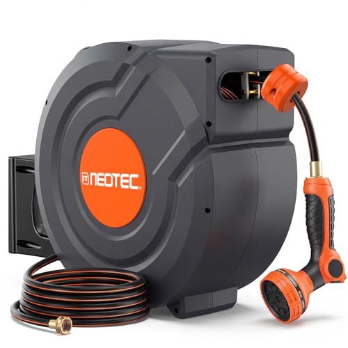 Upgraded Retractable Garden Hose Reel 5/8 inch x 100 ft Wall-Mounted 9 Pattern Nozzle Any Length Lock Automatic Slow Return 180° Swivel UV Resistant Heavy Duty Hose Reels for Outside - size: 5/8 inch 100ft