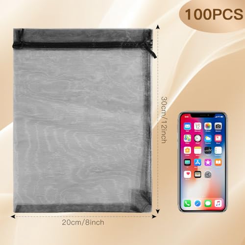 Black Organza Bags, 100 PCS Sheer Mesh Bags Drawstring 8x12 Inch, Large Wedding Gift Party Favor Bag, Mesh Gift Candy Goodie Jewelry Fruit Protection Bag for Bathroom Soaps Makeup Christmas Birthday - color: black-100pcs