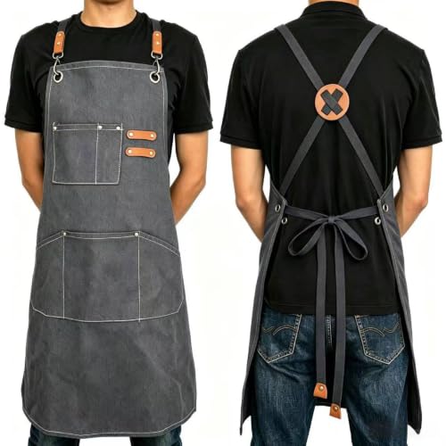 Canvas Tool Apron, Heavy Duty Multi-Pocket, Crossback Adjustable - color: Gray