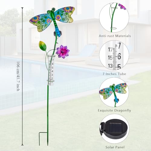 Solar Rain Gauge Outdoor, 7 Inch Tube Dragonfly Rain Gauge