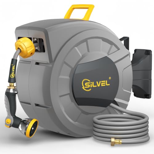 Retractable Garden Hose Reel, 1/2" x 130ft Wall Mount Heavy Duty Automatic Hose Reel with 10 Pattern Nozzle, Any Length Lock & Slow Return System, 180°Swivel Bracket Upgraded UV Resistant,Yellow - color: Dark Grey, size: 1/2"×130FT