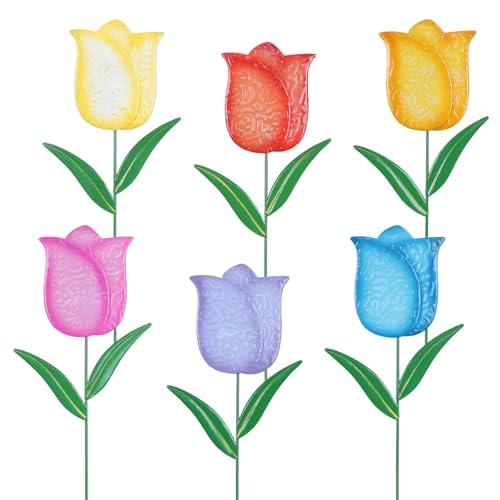 hogardeck Garden Decor for Outside, Set of 6 Metal Tulip Flowers Decorative Garden Stakes for Yard Decor, Outdoor Decorations Yard Art for Lawn Front Porch Pathway Patio (Multi-Color) - color: Colorful-2244