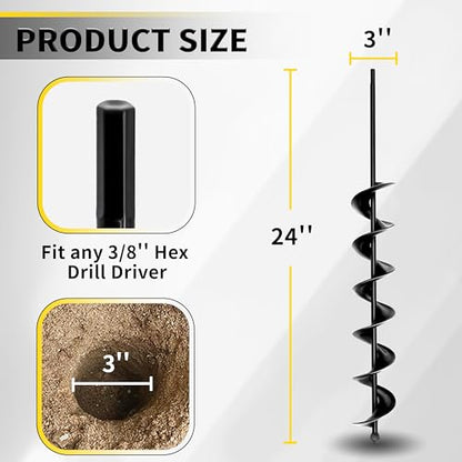 3" x 24" Garden Auger Drill Bit for Planting and Post Hole Digging - Upgraded Spiral Design, Solid Shaft - Hex Driver Drill Compatible - color: 3"x24"-Black
