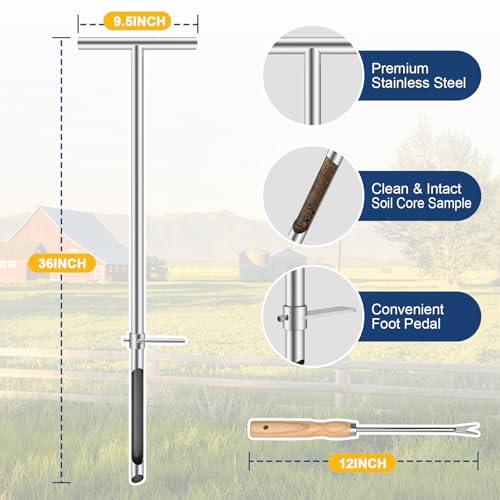 36 Inch Soil Sampler Probe, Stainless Steel Soil Core Sampling Tool with T-Handle, Heavy Duty Soil Probe for Lawn, Garden, Farm & Soil Testing - size: 36 inch